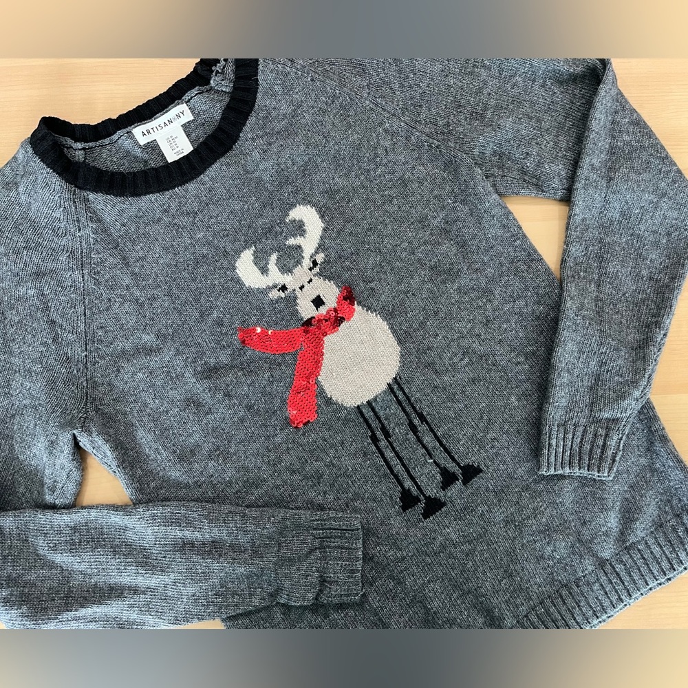 Cute reindeer with sequin scarf sweater. Size M
